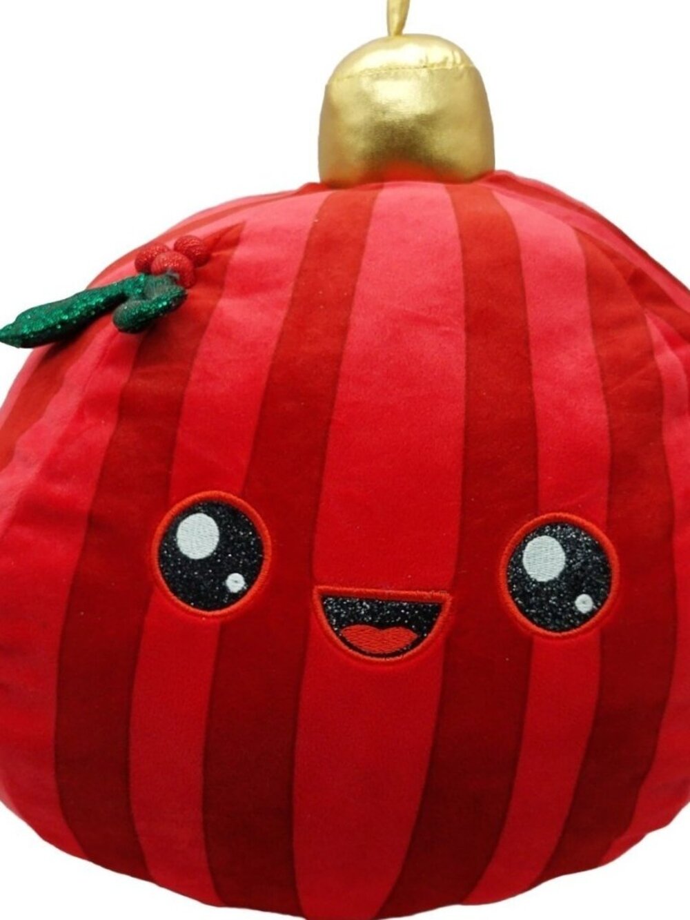 Linzy Christmas Ornament Plush Red Striped Gold Green Holly Smile Face 13"